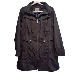 Cole Haan black long hooded rain trench coat jacket, size Medium